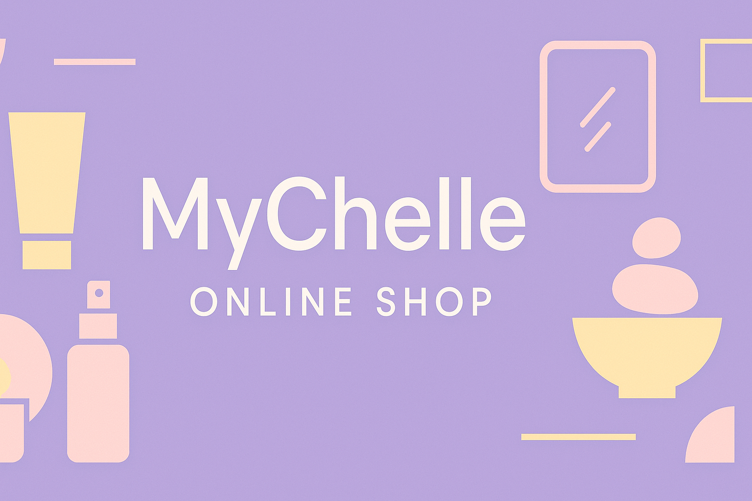 Modern minimalist banner for MyChelle Online Shop with lavender, pink and yellow color scheme
